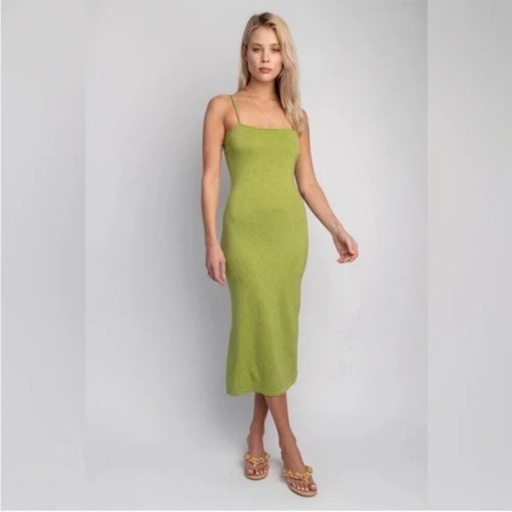 Women's Size S RESA Knit Collection Lime Olive Green Sparkle Tank Top Midi Dress